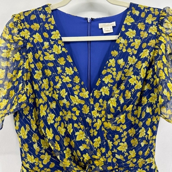 Shoshanna Blue Silk Yellow Floral Metallic Faux Wrap Ruffle Dress size 4 - Picture 8 of 9